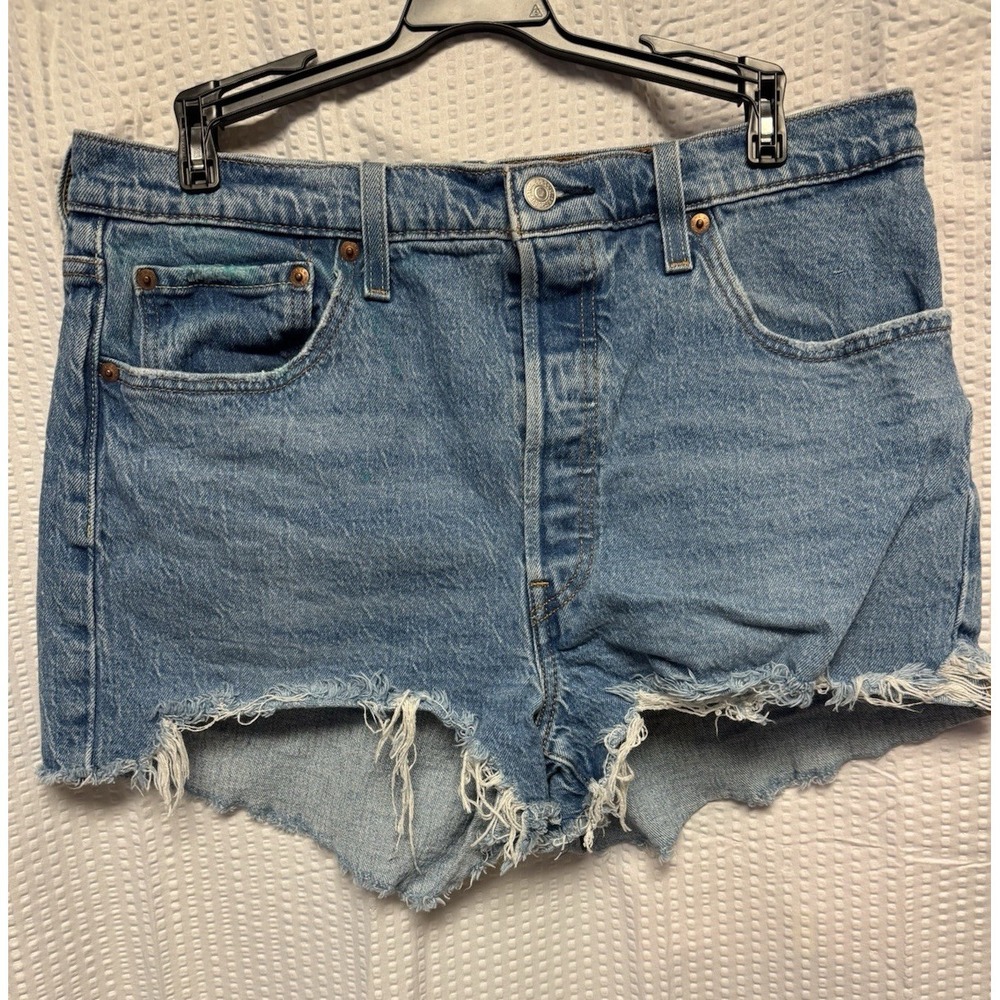 Levi's 501 Denim Women's Raw Hem Button Fly Shorty Shorts Size W 33 Stretch Blue